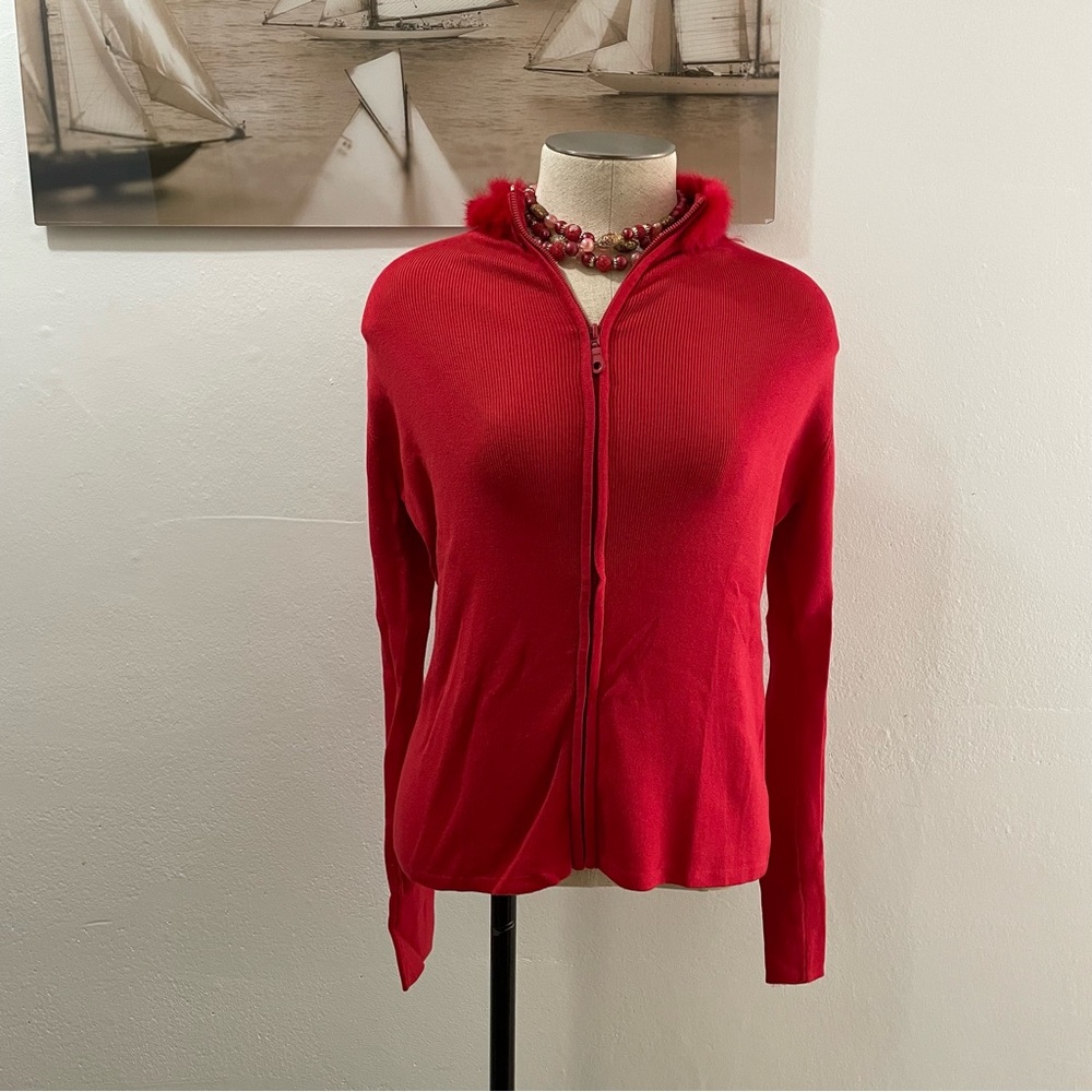 Luxurious SILK Blend Zip Up Cardigan with Plush Fur Collar - Quiet Luxe Small